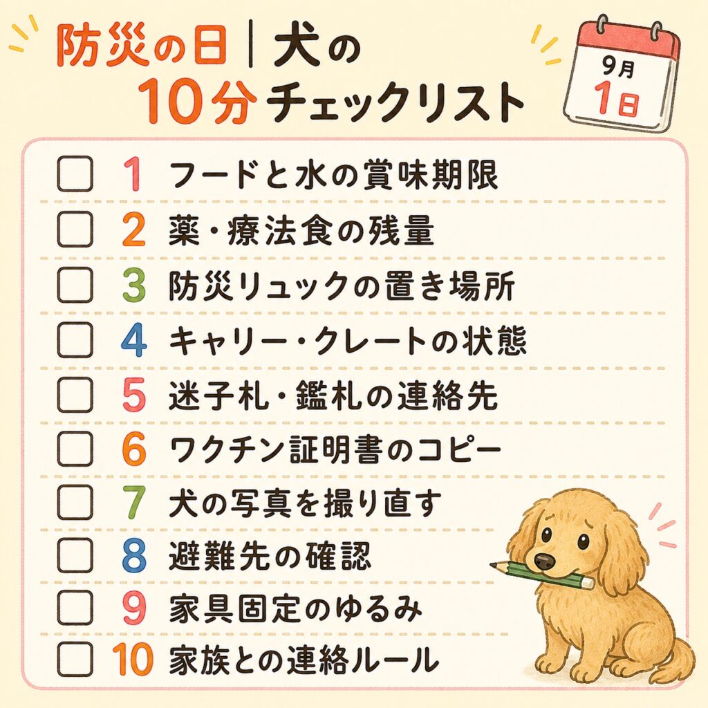 防災の日にやる犬の10分チェックリストの保存用画像。フードと水の賞味期限・薬の残量・リュックの置き場所など10項目をチェックボックス付きでまとめたもの