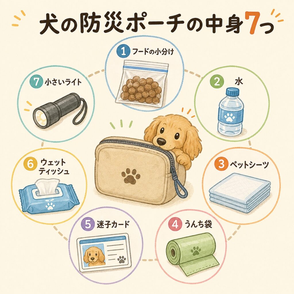犬の防災ポーチの中身7つの図解。フードの小分け・水・ペットシーツ・うんち袋・迷子カード・ウェットティッシュ・小さいライトをポーチの周りに並べたイラスト