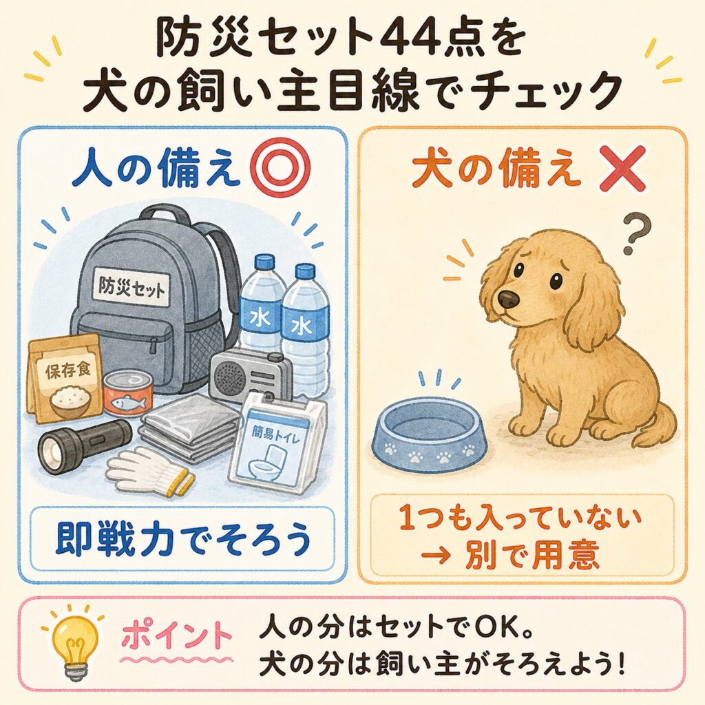 防災セット44点を犬の飼い主目線でチェックした図解。人の備えは即戦力でそろうが、犬の備えは1つも入っていないので別で用意が必要