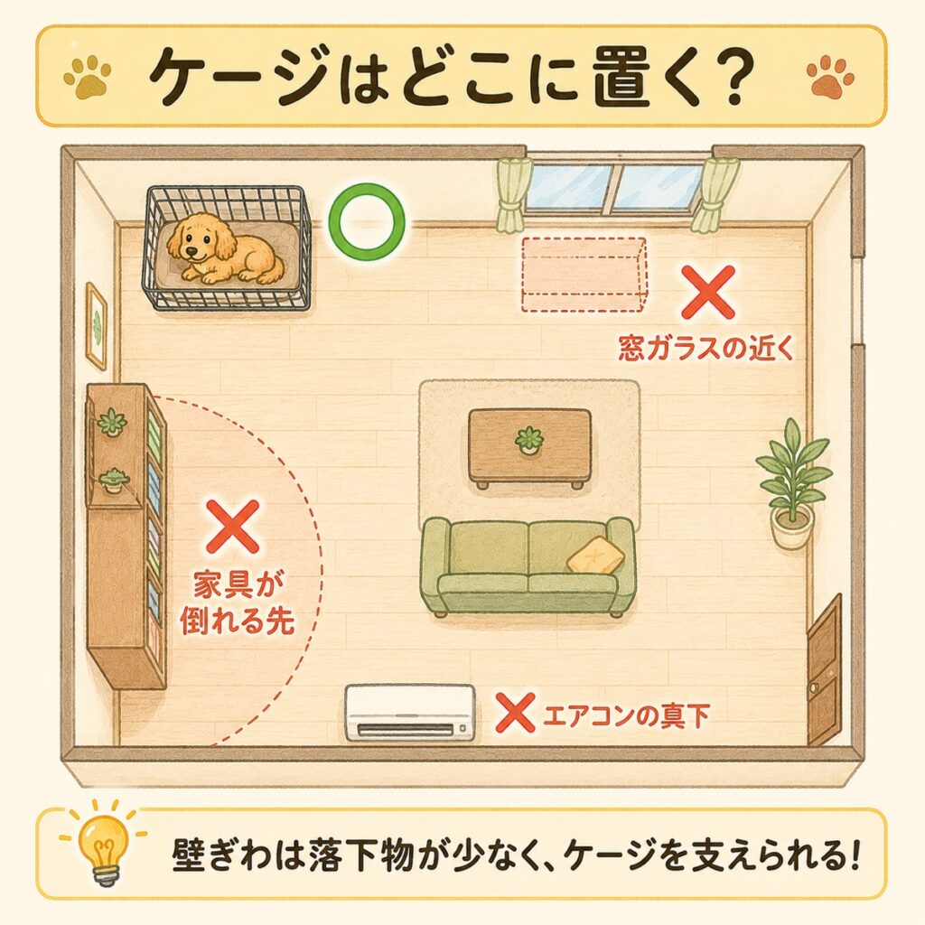 ケージの安全な置き場所の図解。窓ガラスの近く・家具が倒れる先・エアコンの真下は避け、部屋の内側の壁ぎわに置く