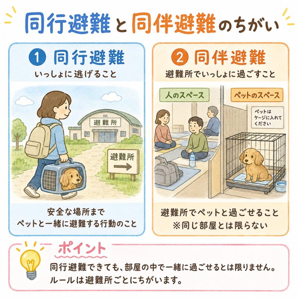 同行避難と同伴避難の違いの図解。同行避難=ペットと一緒に安全な場所まで避難する行動。同伴避難=避難所でペットと過ごせること(人のスペースとペットのスペースが分かれ、同じ部屋とは限らない)