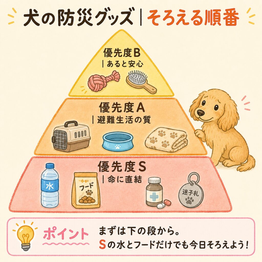 犬の防災グッズをそろえる順番のピラミッド図解。土台が優先度S(命に直結する水・フード・薬・迷子札)、中段が優先度A(避難生活の質)、上段が優先度B(あると安心)