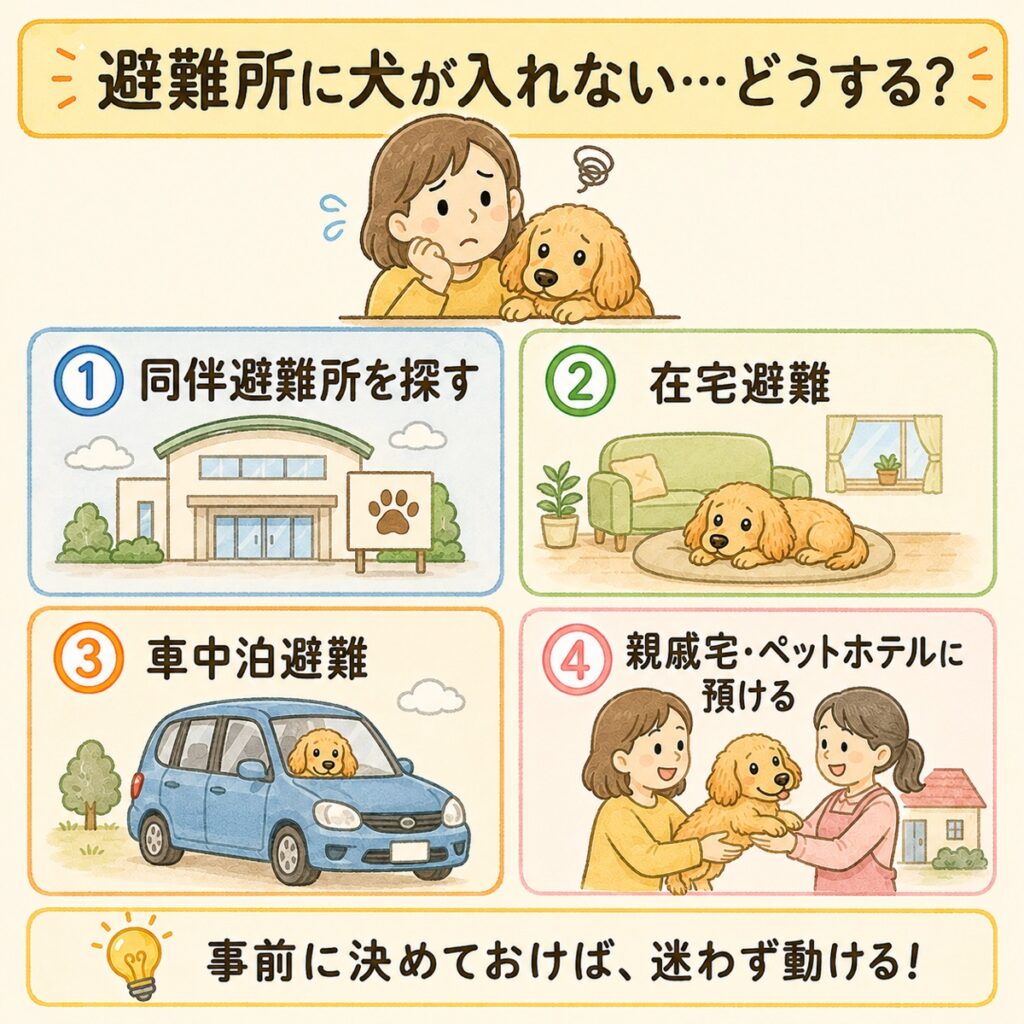 避難所に犬が入れない時の選択肢4つの図解。1同伴避難所を探す、2在宅避難、3車中泊避難、4親戚宅・ペットホテルに預ける