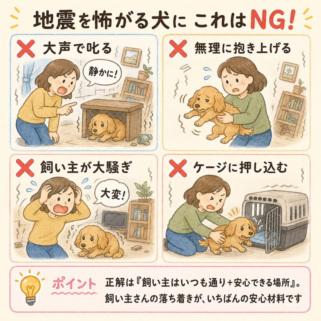 地震を怖がる犬へのNG対応4コマ図解。大声で叱る・無理に抱き上げる・飼い主が大騒ぎ・ケージに押し込むはNG。正解は飼い主がいつも通りにして安心できる場所を用意すること