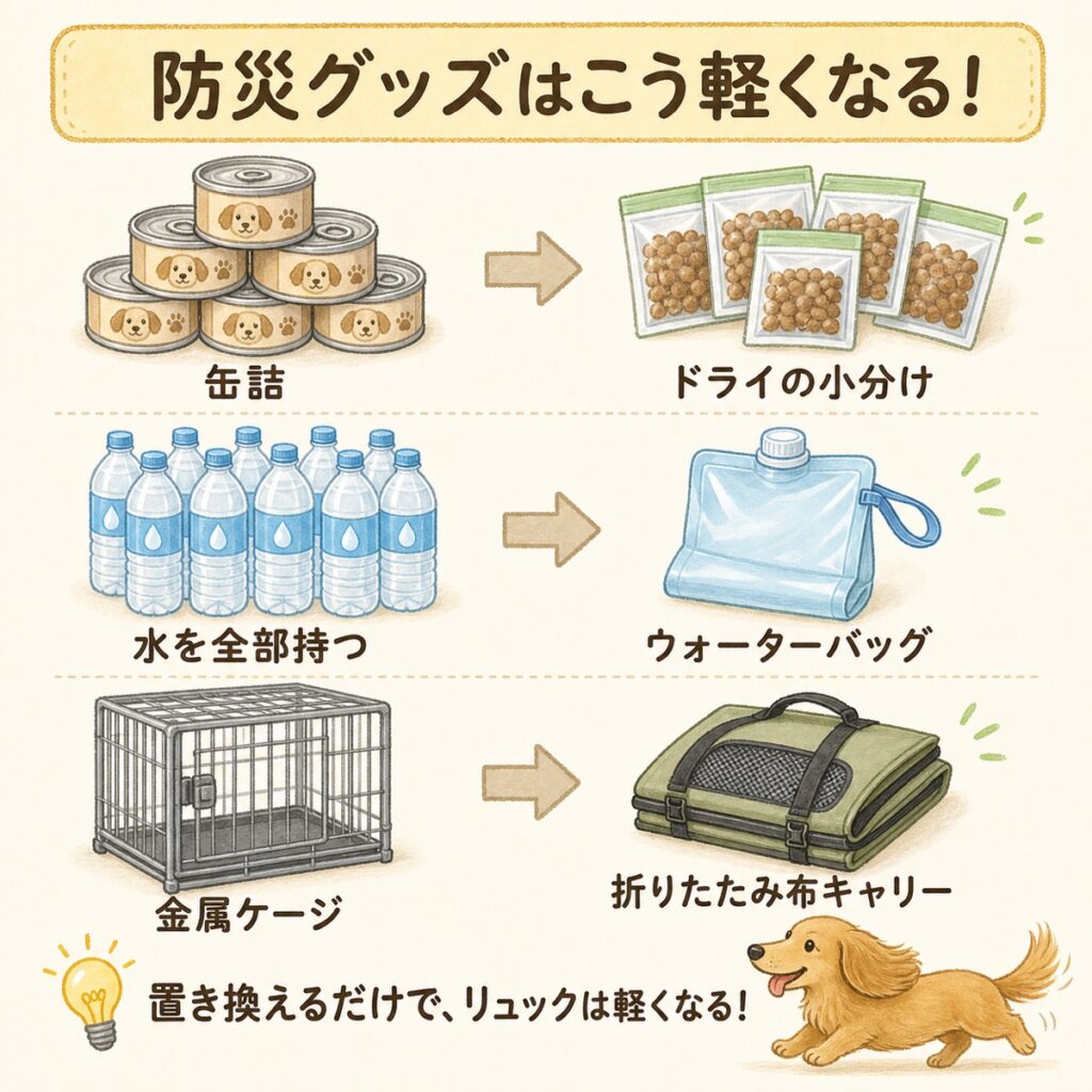 防災グッズを軽くする置き換えの図解。缶詰はドライフードの小分けへ、水を全部持つのはウォーターバッグへ、金属ケージは折りたたみ布キャリーへ
