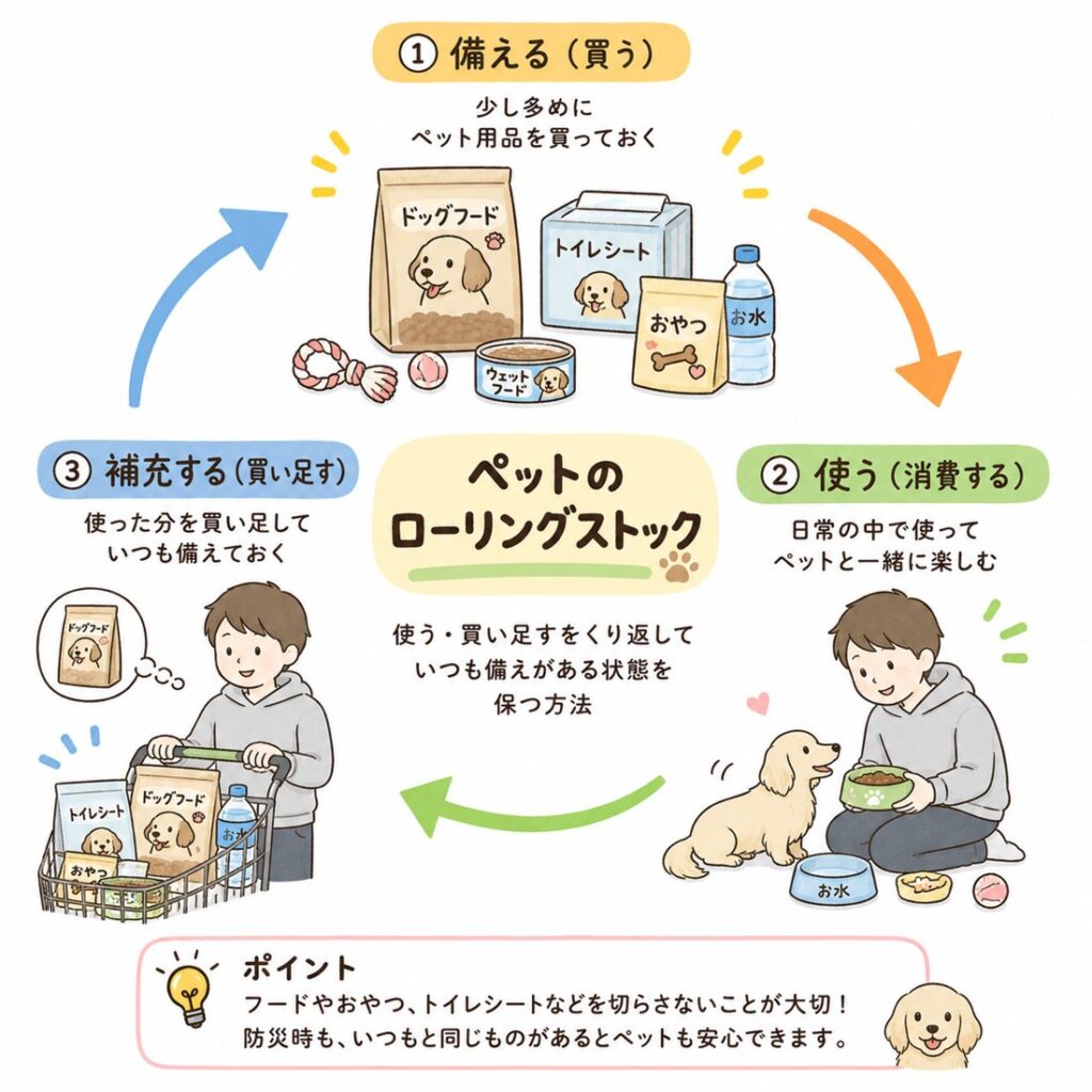 ローリングストックの図解。少し多めに買って備え、日常で使い、使った分を買い足すサイクルを繰り返して、いつも食べ慣れた物がある状態を保つ