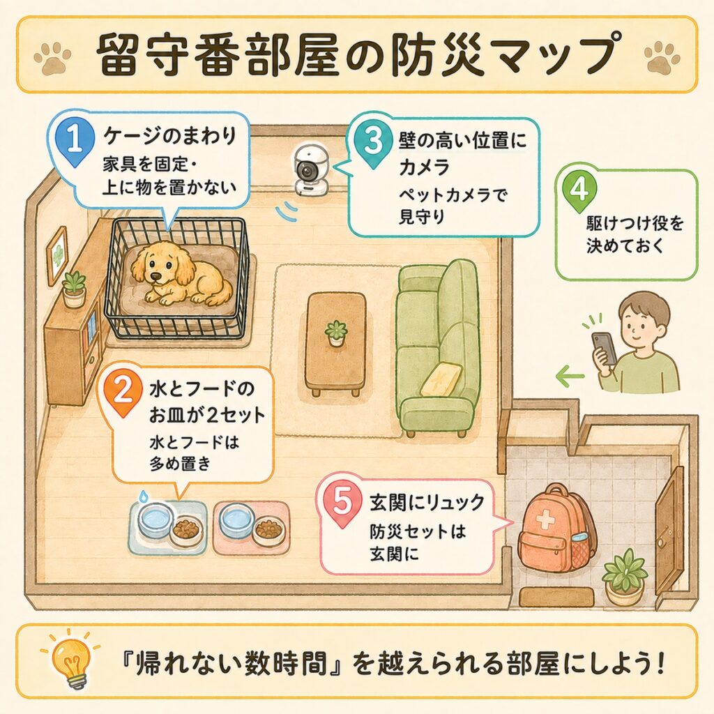 留守番部屋の防災マップ。1ケージのまわりの家具を固定、2水とフードは多め置き、3壁の高い位置にカメラ、4駆けつけ役を決めておく、5防災セットは玄関に