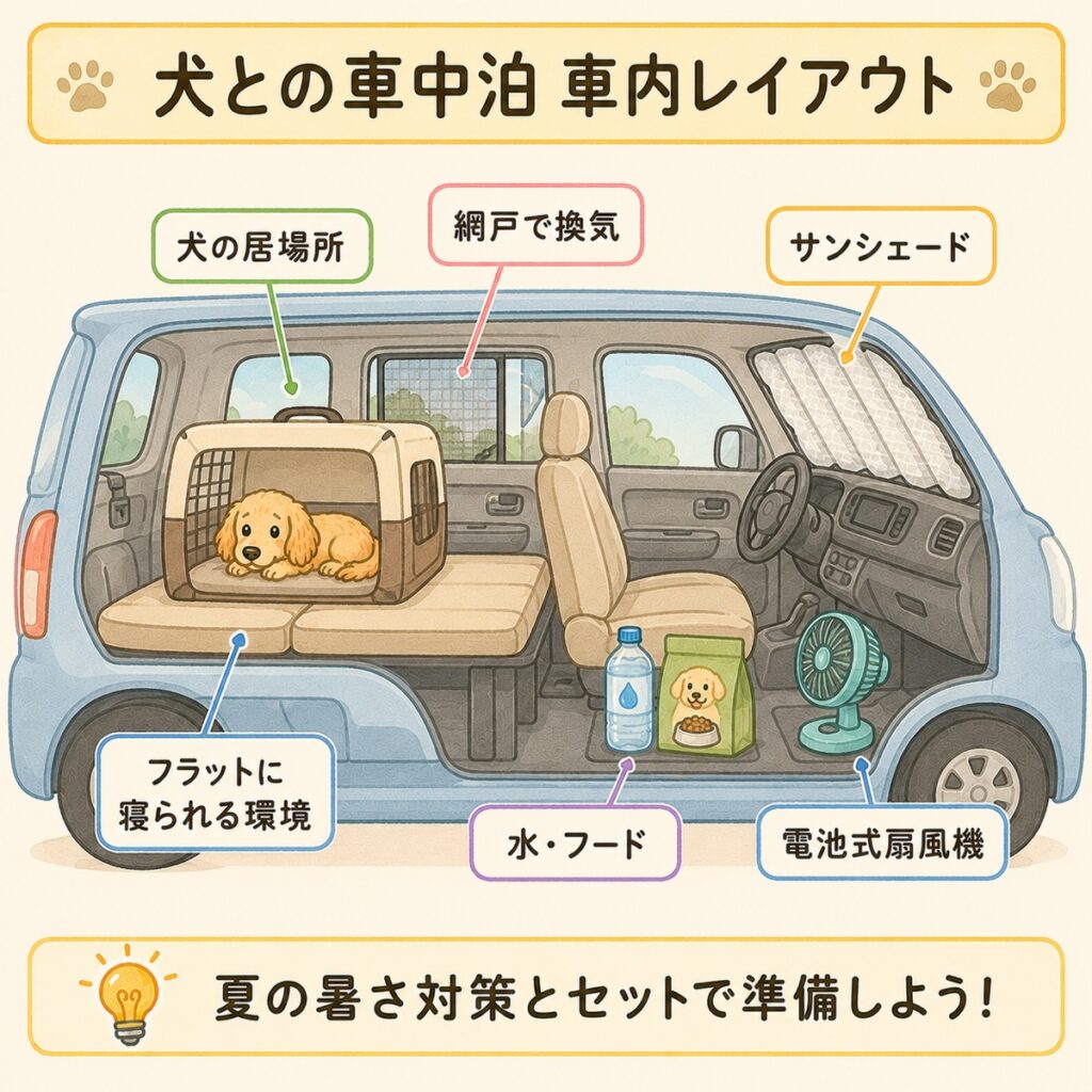 犬との車中泊の車内レイアウト。フラットにした後部座席にクレートの犬、網戸で換気、サンシェード、水とフード、電池式扇風機