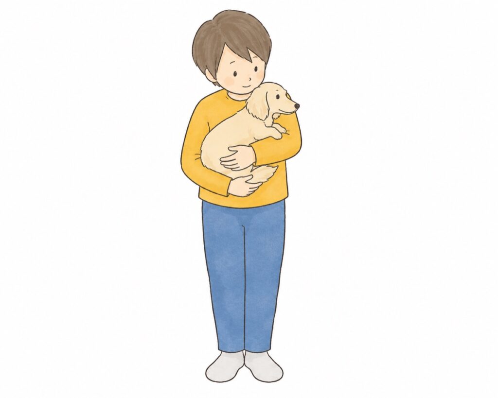 水平抱っこのイラスト。片腕で犬の胸の下を支え、もう片方の手でおしりを支えて、体を胸に密着させて抱きかかえている