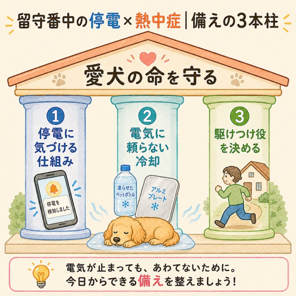 留守番中の停電と熱中症に備える3本柱の図解。1停電に気づける仕組み、2電気に頼らない冷却、3駆けつけ役を決める