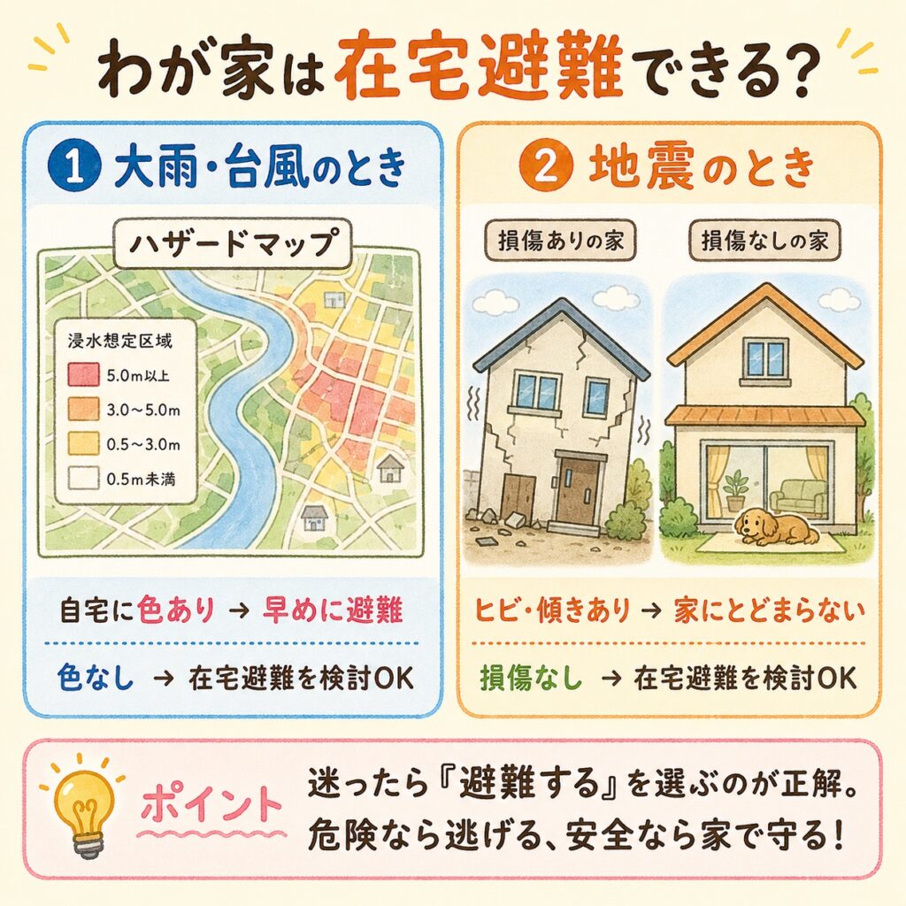 在宅避難できるかの判断図解。大雨・台風はハザードマップで自宅に色が付いているか、地震は建物のヒビや傾きで判断し、迷ったら避難を選ぶ